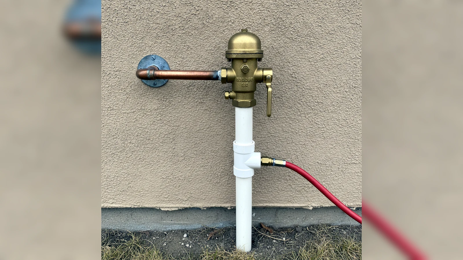 One inch copper sprinkler line exiting the house wall into brass pressure vacuum breaker and PVC cleanout blowout connection in Gillette Wyoming